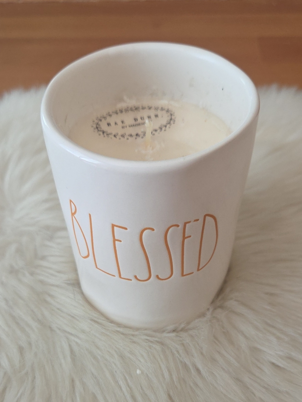 Rae Dunn White Ceramic Candle with Gold "BLESSED" New